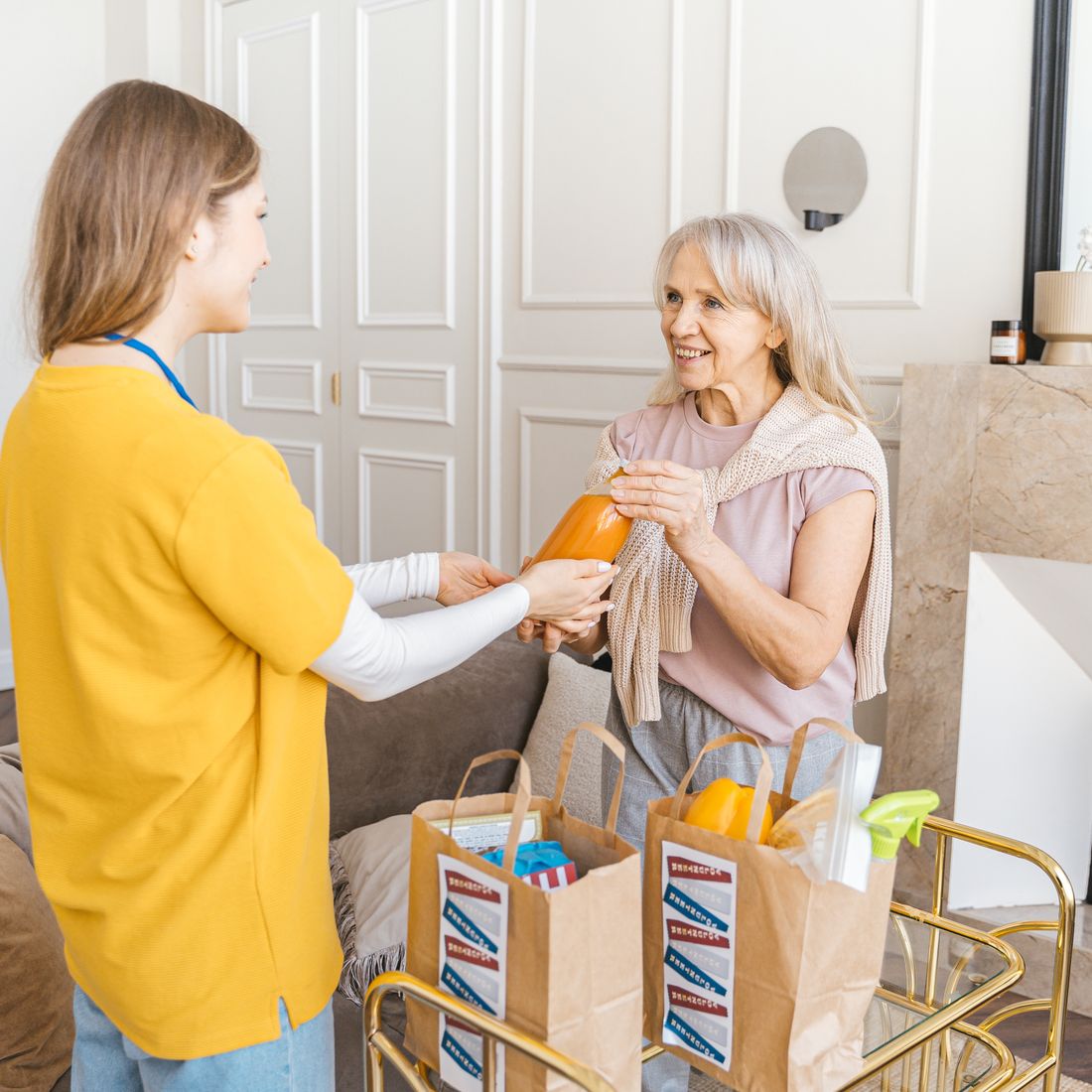 A caregiver bringing groceries to a senior at home
